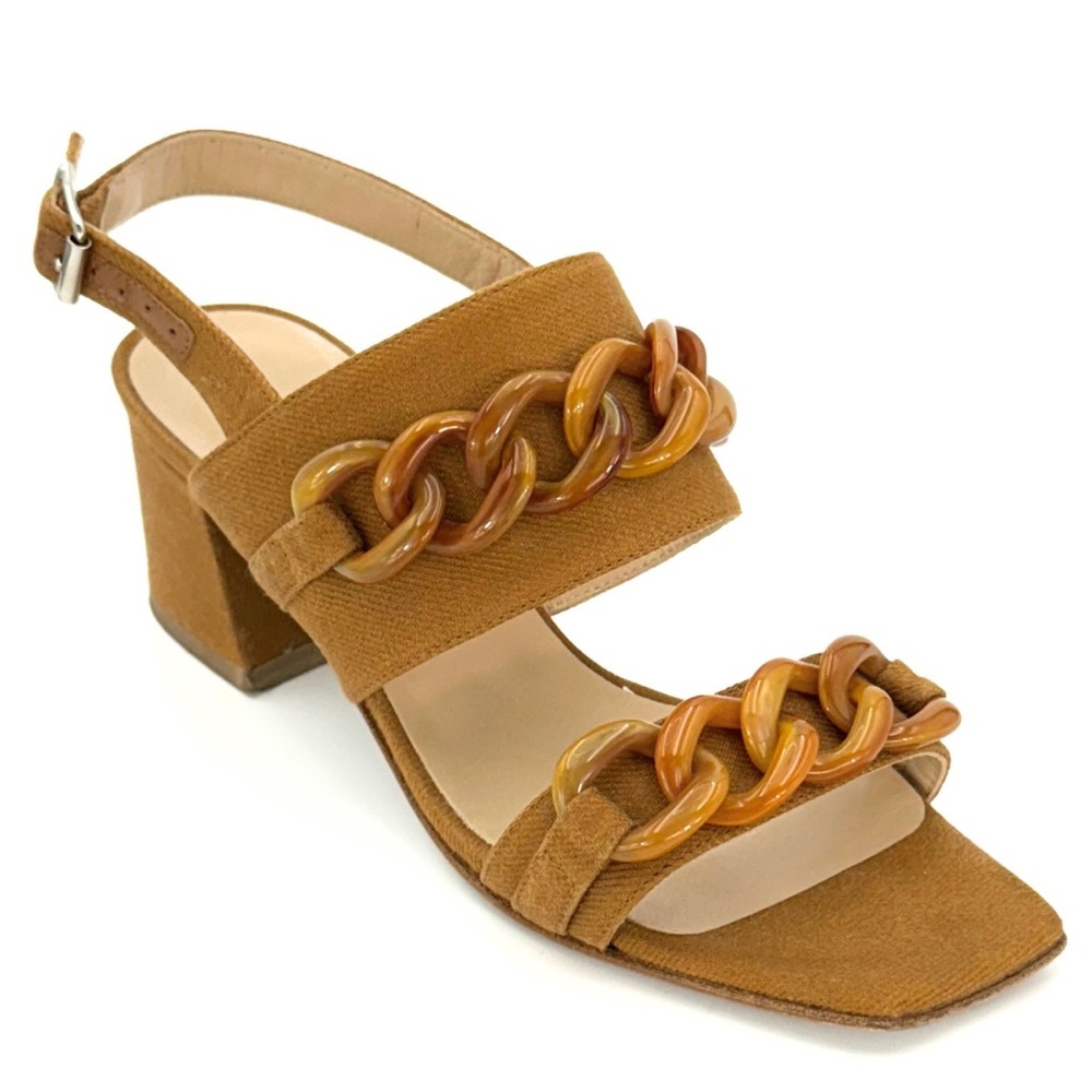 Lafayette 148 Women’s Heeled Sandals Size 36.5 Brown Chain Detail Block Heel